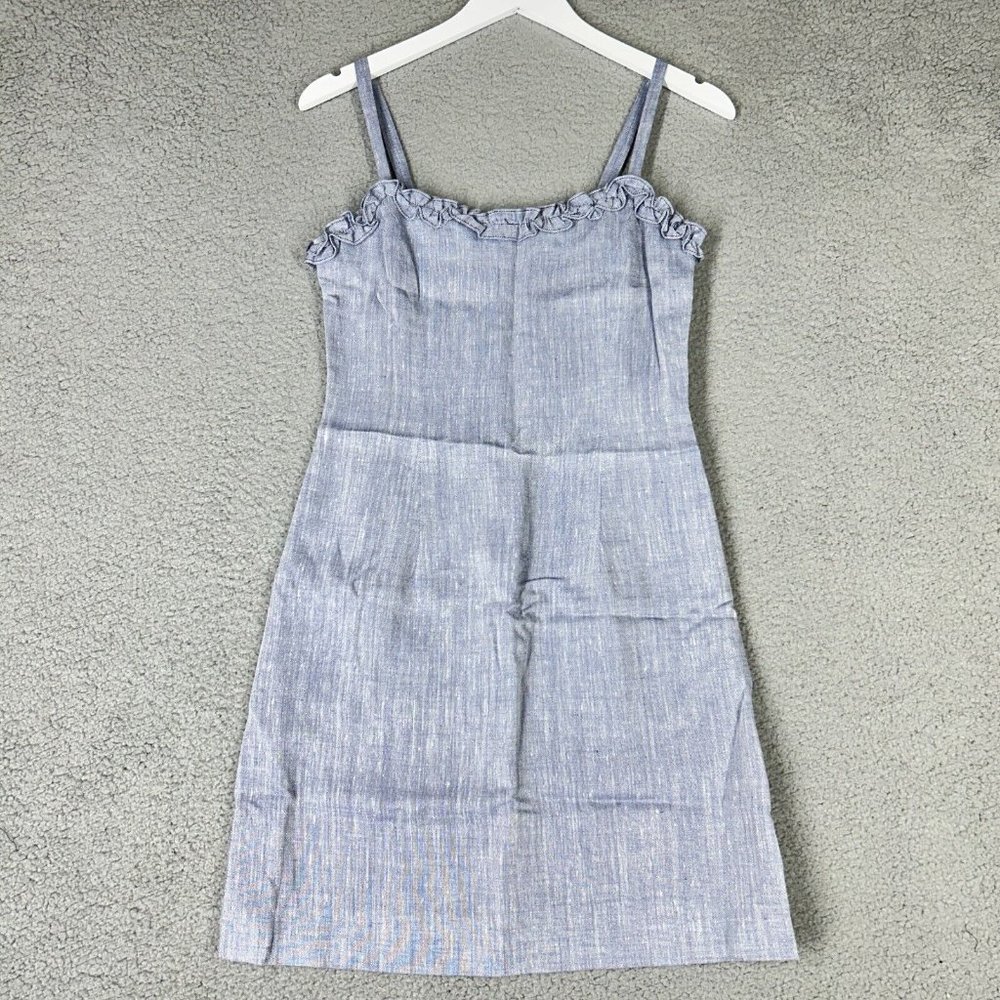 NEW Rebecca Taylor Women's 4 Dress Linen Ruffle Neck Sheath Lined Beach Blue